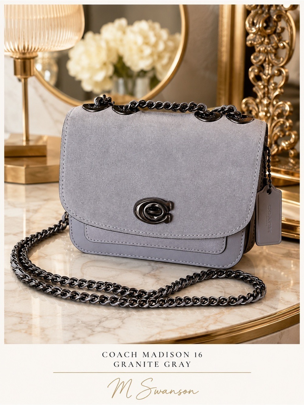 Coach Madison Shoulder Bag 16 Granite Gray Suede & Leather Gunmetal C0801 NWOT